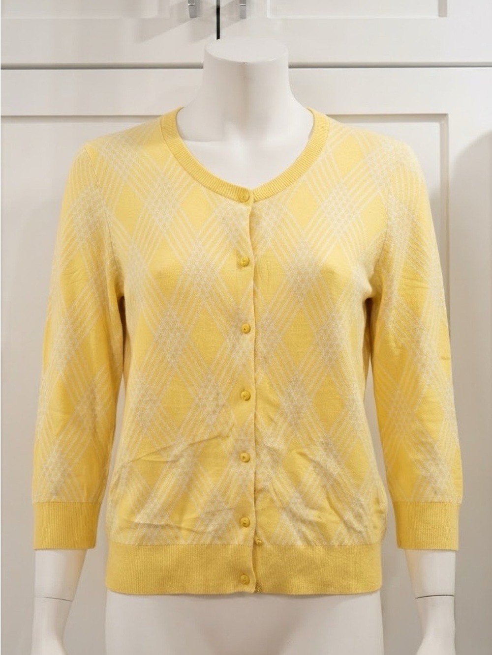 Talbots Cotton Yellow Diamond-Pattern Button Cardigan